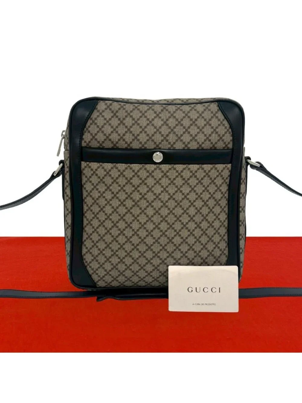 Gucci Diamante Leather Shoulder Bag Crossbody Pochette Cross Beige Black